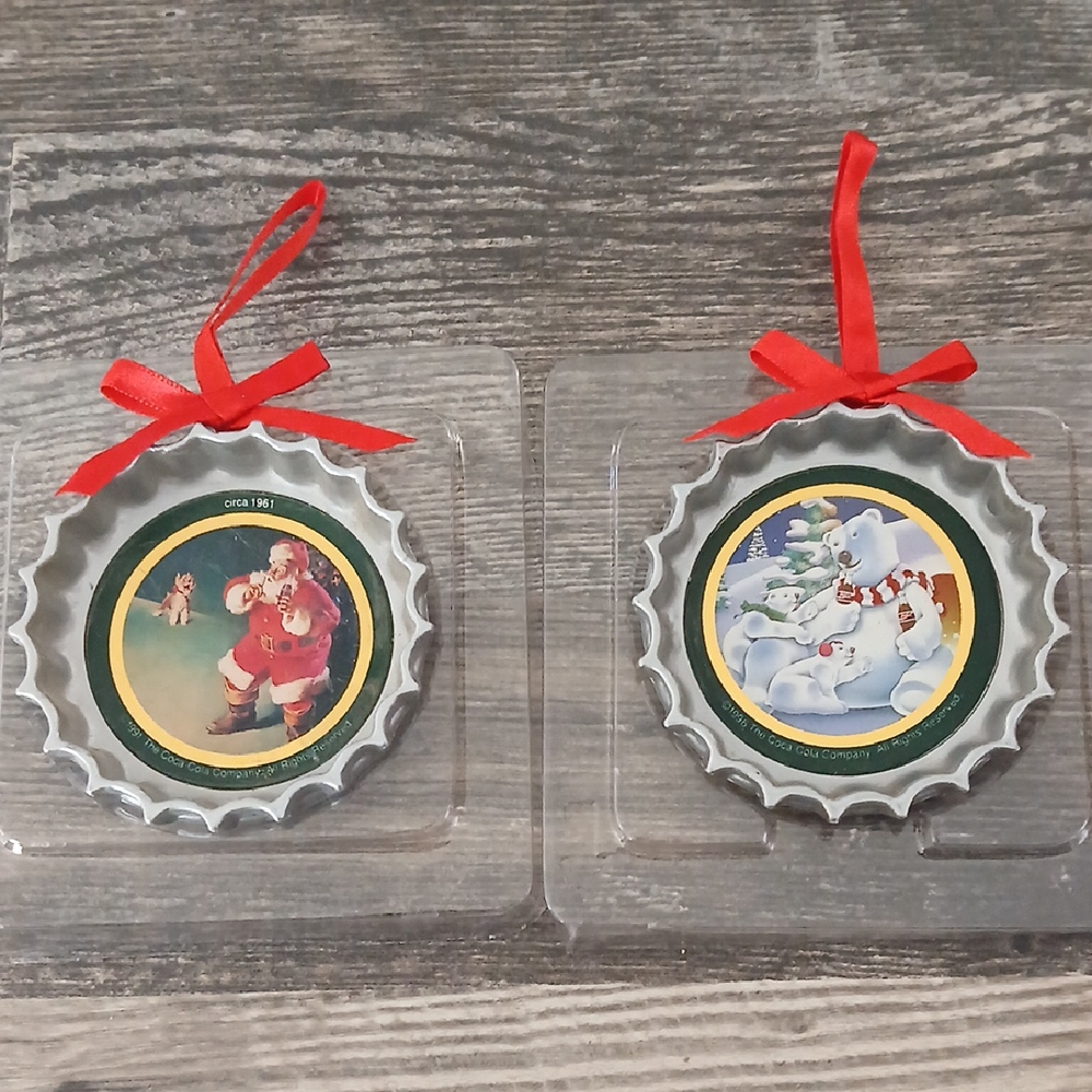 Coca-Cola Holiday Bottle Cap Ornaments with Red Ribbon